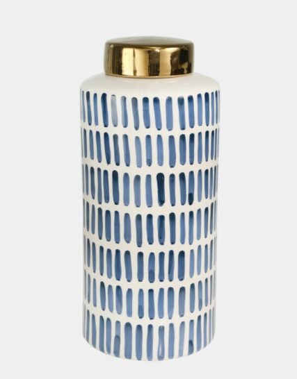 Ceramic 13" Jar With Gold Lid, Blue