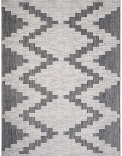 alfombra rectangular con patron de grecas en tonos gris y beige