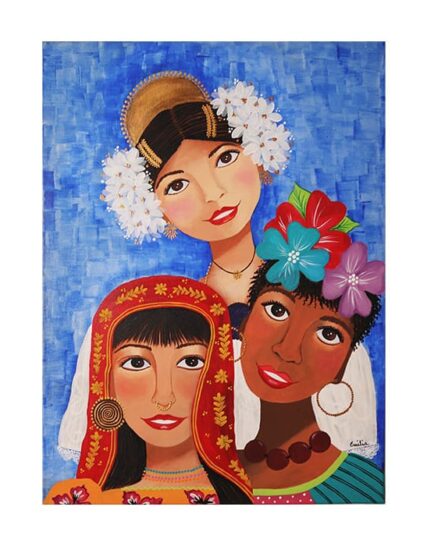 CUADRO TRES MUJERES FONDO AZUL