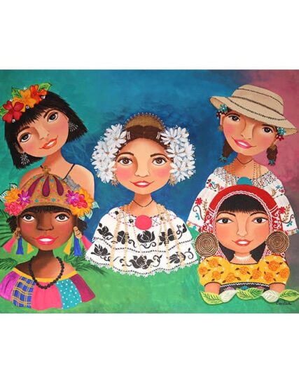 CUADRO CINCO NIÑAS FONDO MULTICOLOR