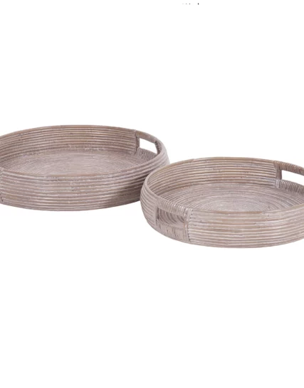 Nami Rattan Round Trays With Inset Handles, 2 Piece Set, Whitewash