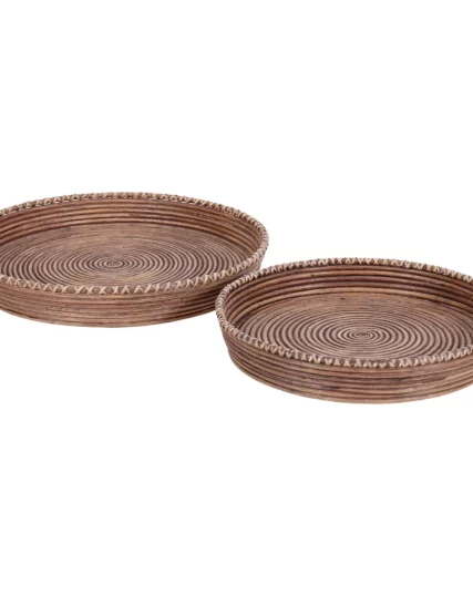 Piro Rattan Round Trays With Crosshatch Binding, 2 Piece Set, Brown